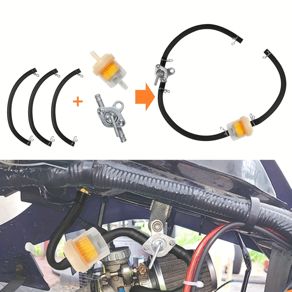 Temu 90cm flexible gas fuel pipe hose kit with fuel filter, inline fuel valve, and clips for secure installation.
