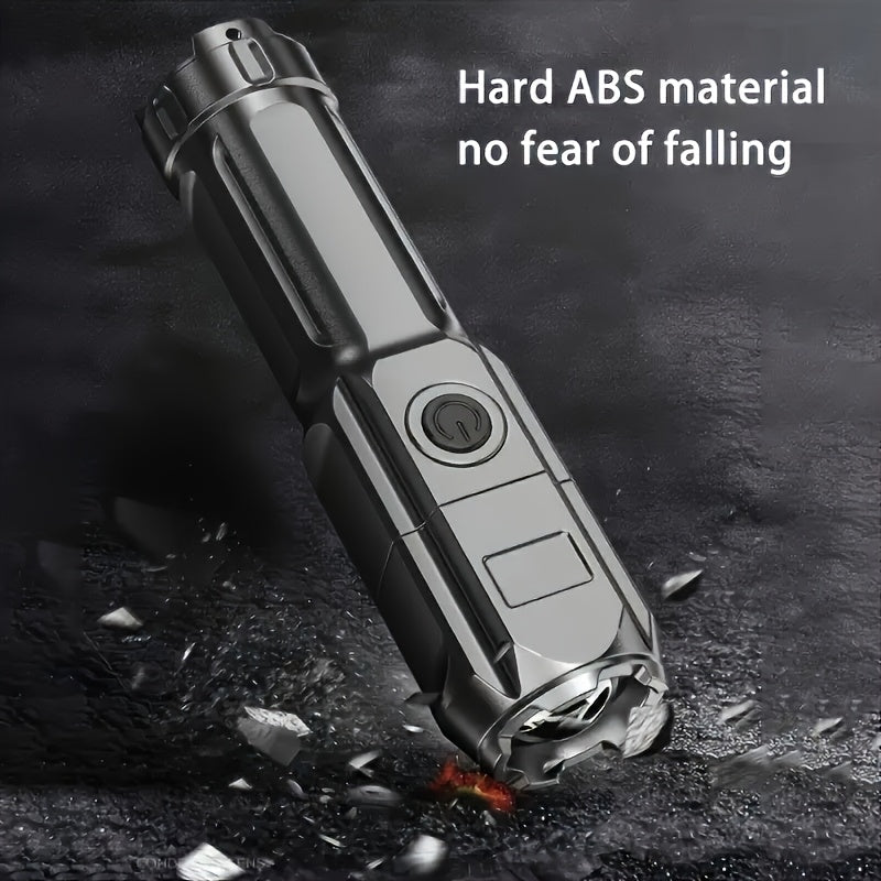 Two rechargeable LED flashlights with zoom and three lighting modes, featuring black handles and adjustable beam focus.