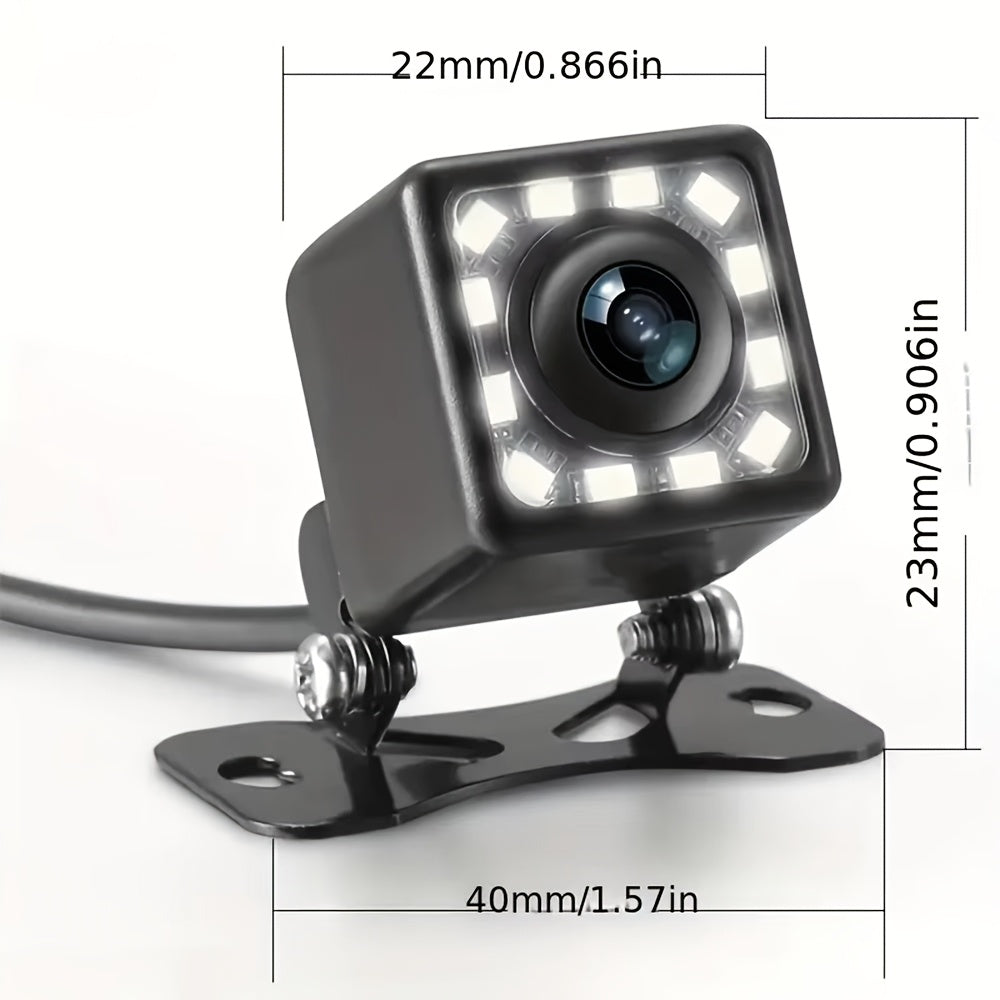 Temu 12V rearview backup camera with 12 LEDs and clear night vision, mounted on a vehicle for enhanced rear visibility.