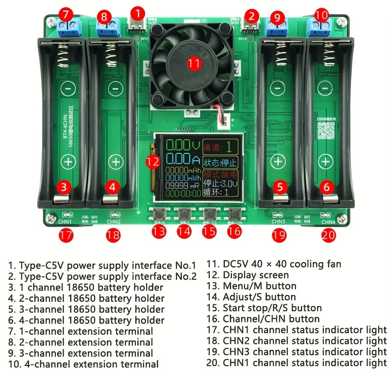 Temu 4-Channel Lithium-Ion Battery Tester displaying digital readouts for 18650 batteries in a compact device.