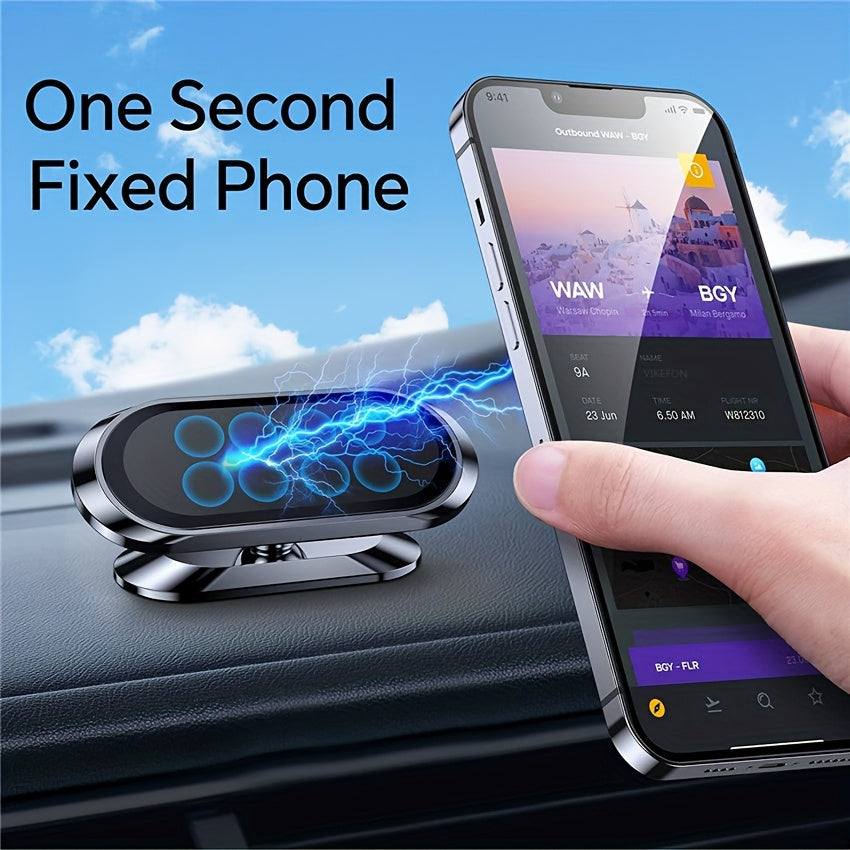 Temu magnetic car phone holder with 360-degree rotatable dashboard stand, universal multi-functional design for smartphones.