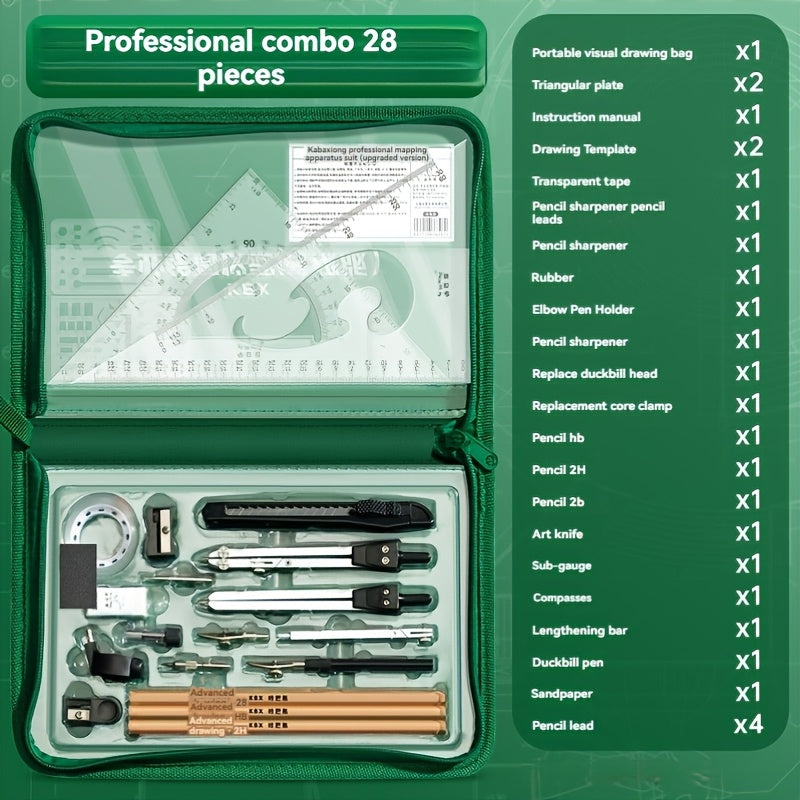 Advanced Temu stainless steel drawing tool set with precision pens, compasses, and drawing accessories arranged on a white background.