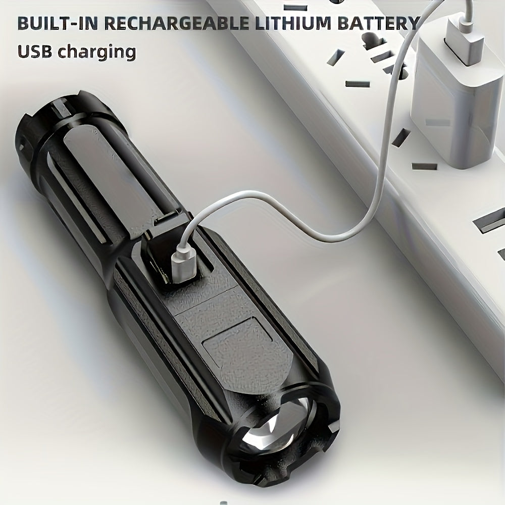 Two rechargeable LED flashlights with zoom and three lighting modes from Temu, showing adjustable focus and bright illumination.