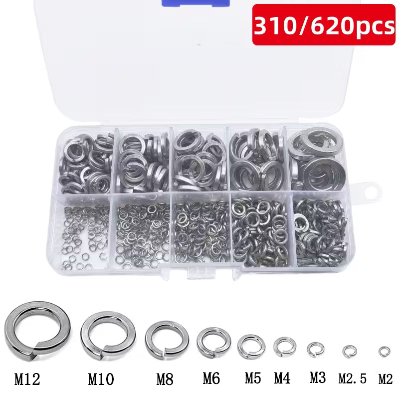 Assorted 304 stainless steel spring lock washers in a 310/620-piece set, showcasing shiny, durable steel washers for hardware use.