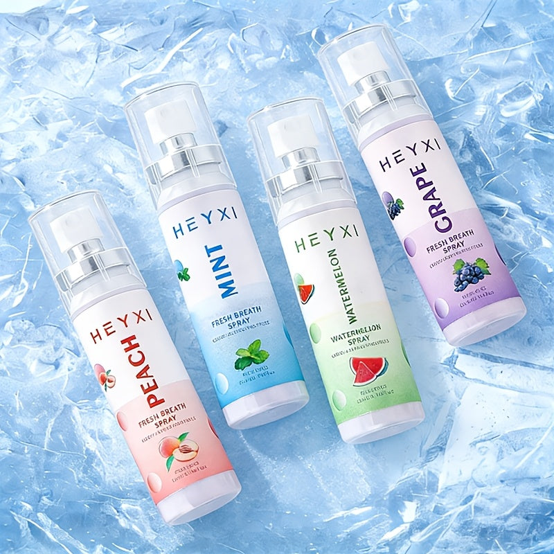 Four Temu fruit-flavored breath fresheners in 22ml bottles, showcasing colorful packaging and fresh, vibrant design.