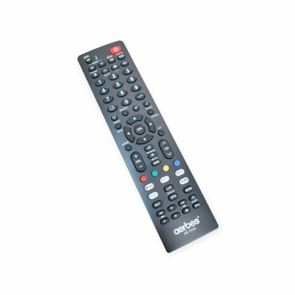 Aerbes AB-YK04 TV remote control compatible with Panasonic and most TVs, showing buttons and sleek black design.
