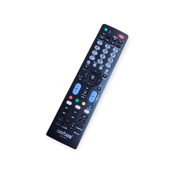 Super Electronics universal TV remote control compatible with LG and most TVs, showing buttons and sleek design.