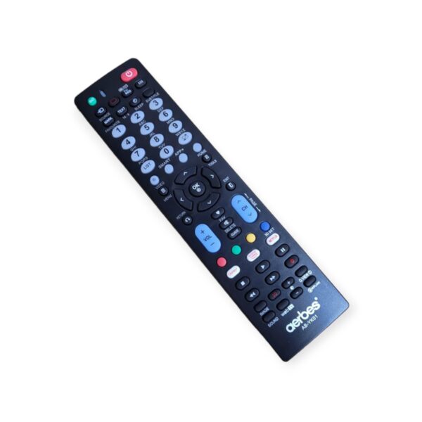 Super Electronics Aerbes AB-YK01 universal TV remote control compatible with LG and most TVs, shown with buttons and sleek design.