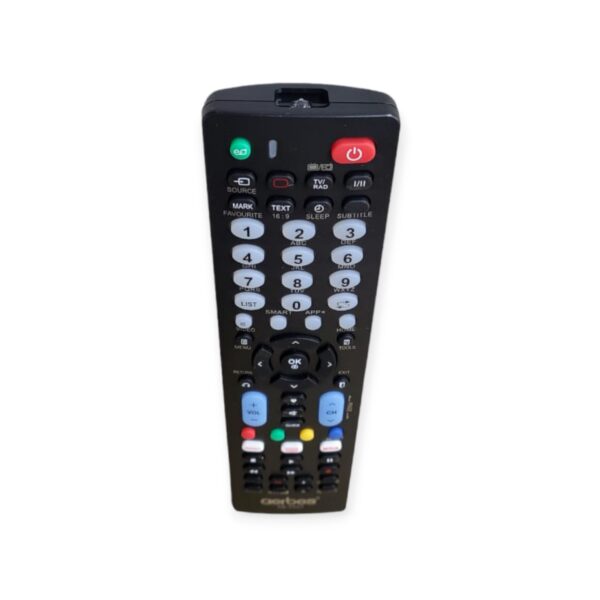 Super Electronics Aerbes AB-YK01 universal TV remote control compatible with LG and most TV brands, showing buttons and sleek design.