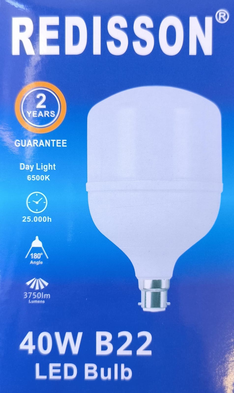 Redisson 40W B22 LED ceiling light bulb, 220V AC, cool white 6500K, push and twist type, energy-efficient lighting.