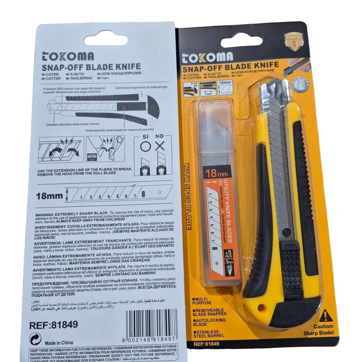 Tokoma snap off blade knife with SK5 carbon steel blade, 18mm width, featuring a durable handle and replaceable blades for precise cutting.