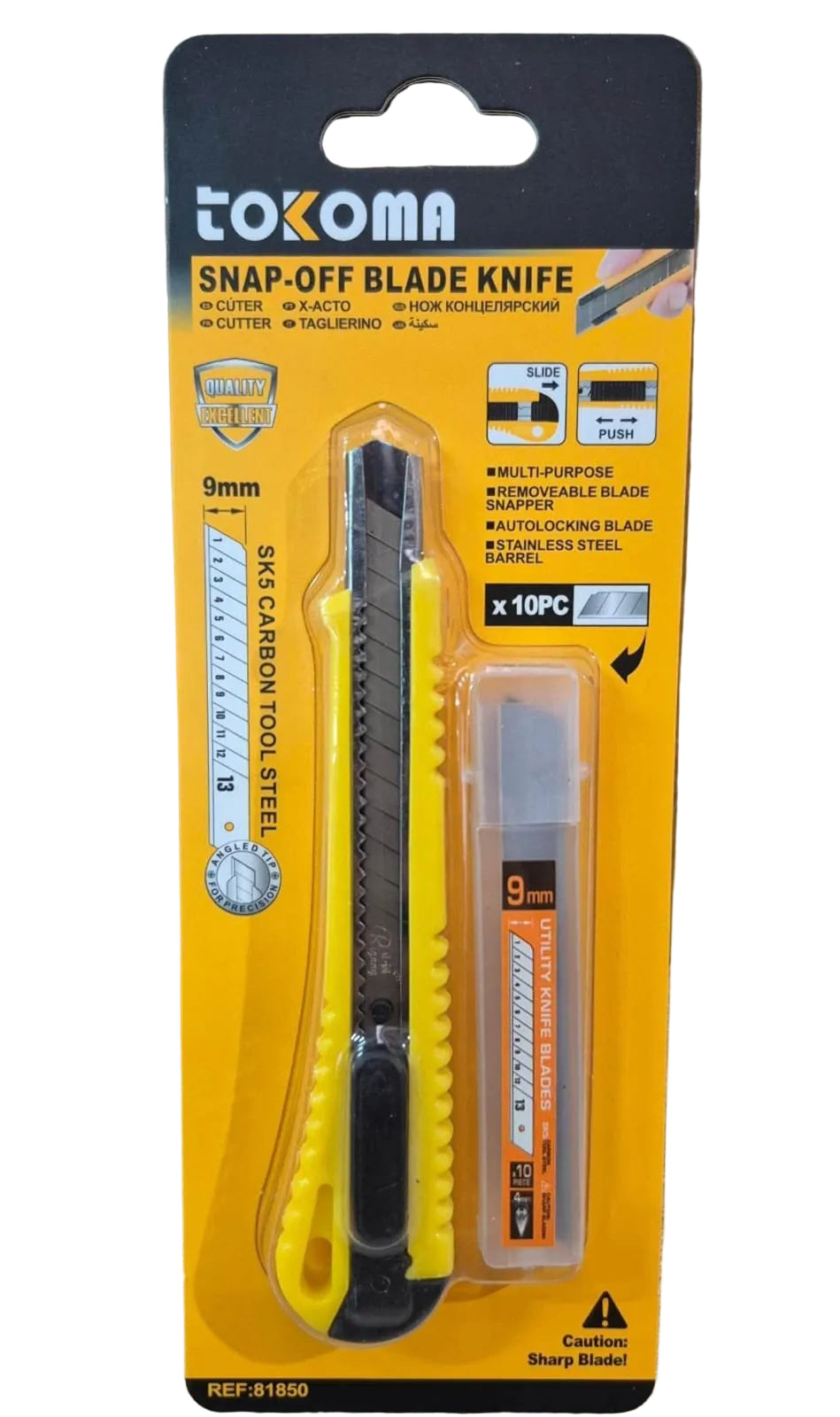 Tokoma snap-off blade knife with SK5 carbon steel blade, featuring a black handle and a 9mm snap-off blade for precise cutting.
