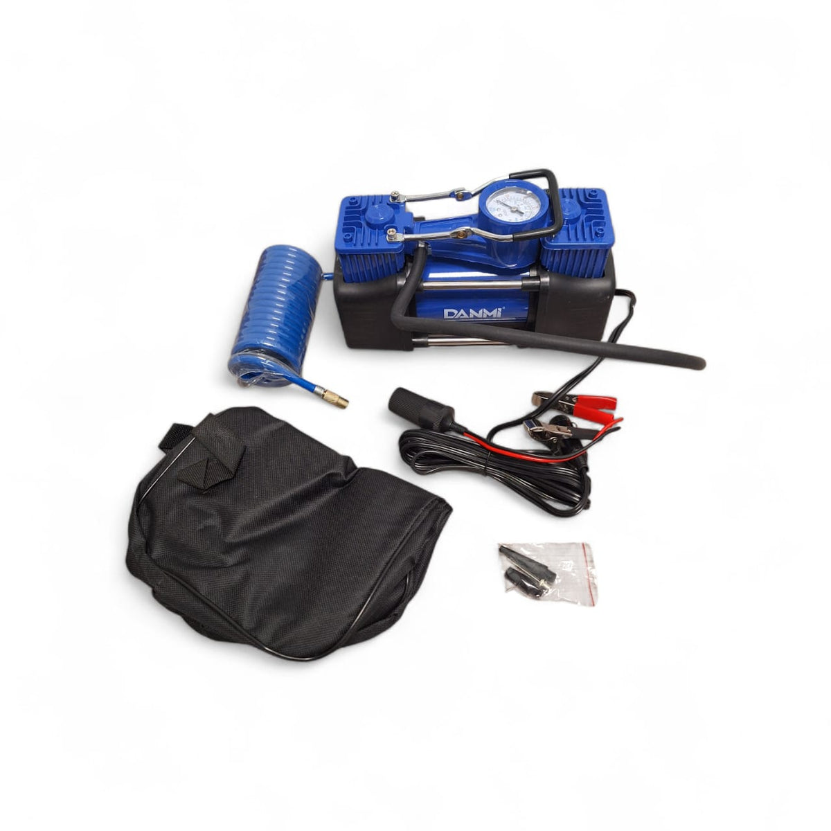Redisson DANMI heavy-duty portable 12V car compressor with digital pressure gauge and sturdy design for vehicle inflation tasks.