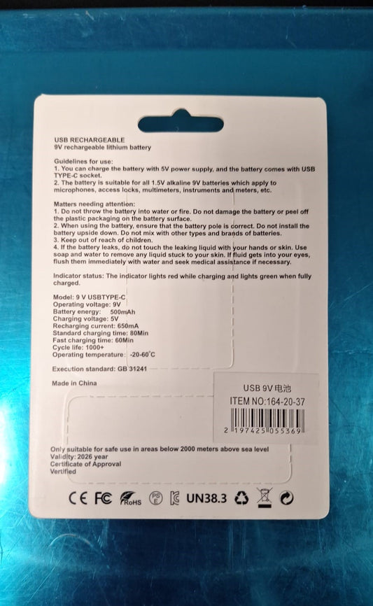 9V 500mAh Rechargeable Type C Battery