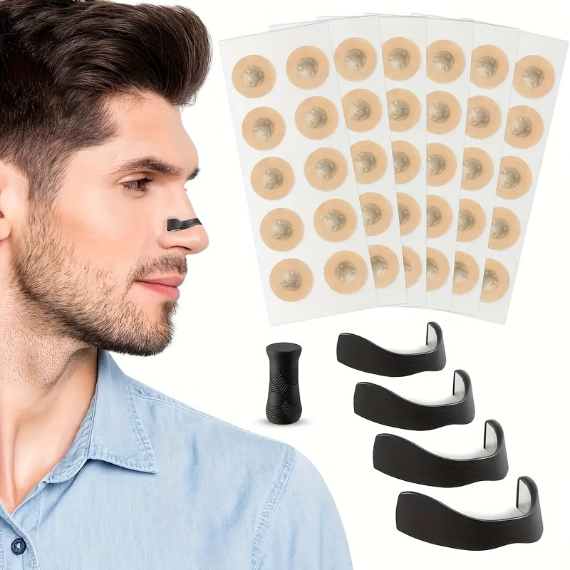 Set of 65 anti-snoring patches and nose clips by Temu, showing adhesive patches and nasal clips for improved breathing at night.