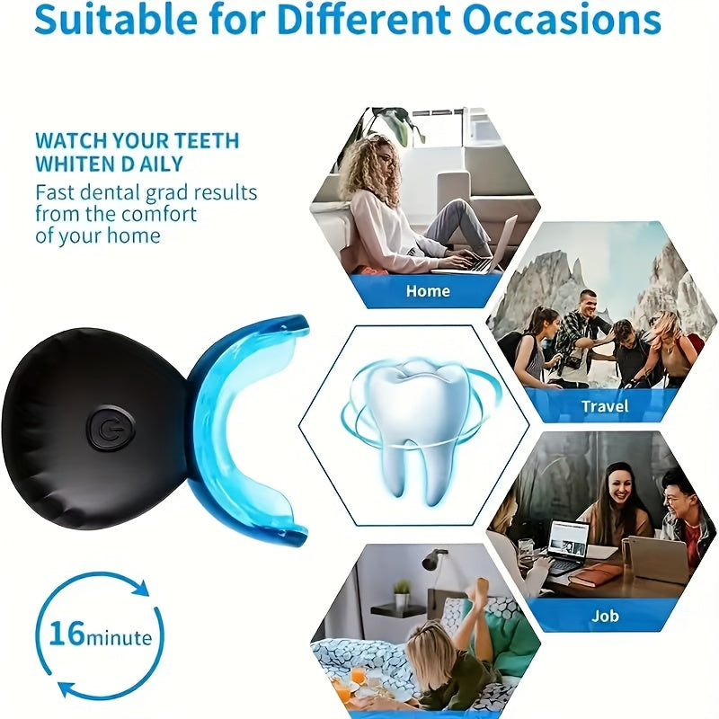 Temu SmileKit wireless dental cleaning set featuring LED blue light accelerator and four tooth gel pens on a clean background.