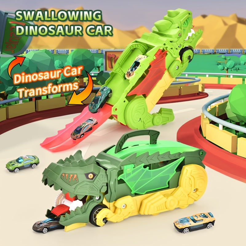 Green and yellow dinosaur transformer toy with friction-powered slide track and three cars, suitable for kids.