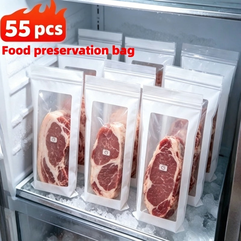 Set of 55 reusable food storage bags by Temu, made of durable, high-quality materials for fresh food storage.