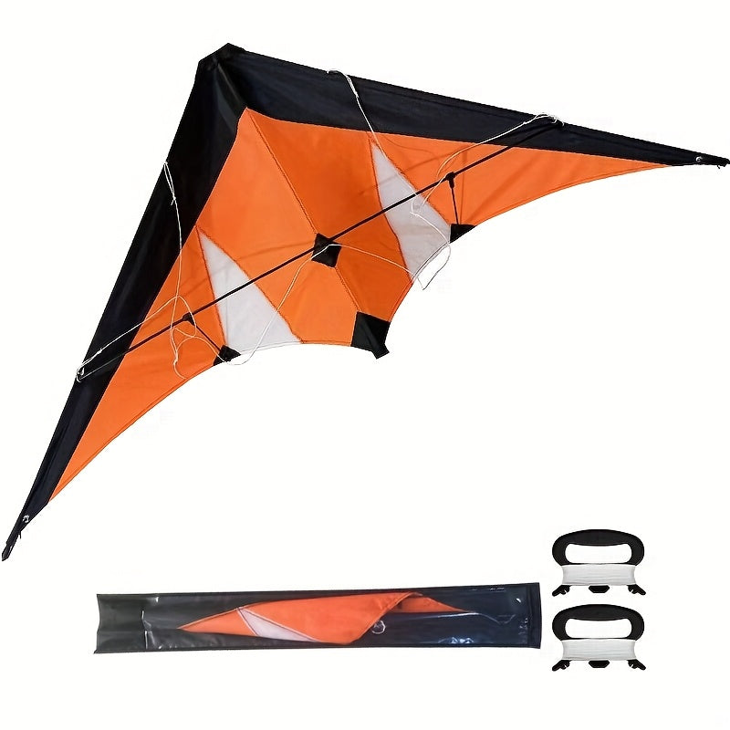 Temu 121.92 cm adult double line stunt kite flying in the sky with a colorful design and strong wind background.