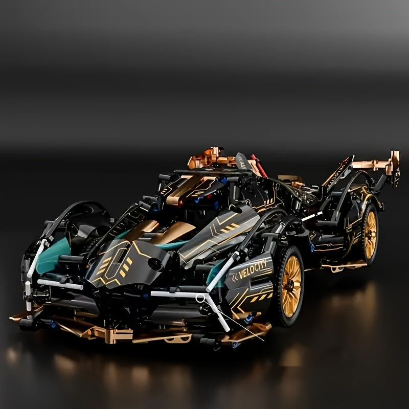 Limited edition Temu super sports car model kit in black and gold with sleek design and detailed features.