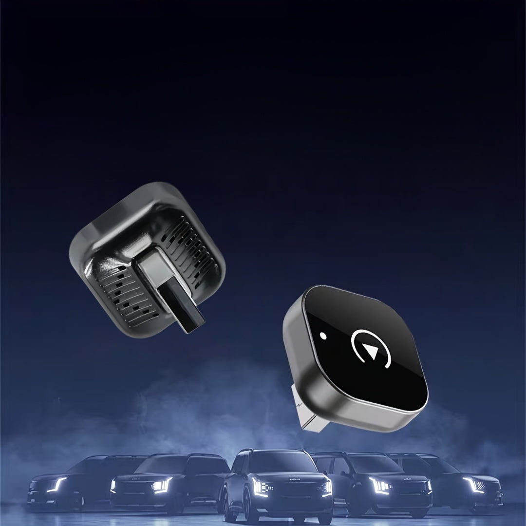 Wireless CarPlay adapter by Temu with stereo sound, smartphone controller, and hands-free feature for car entertainment.
