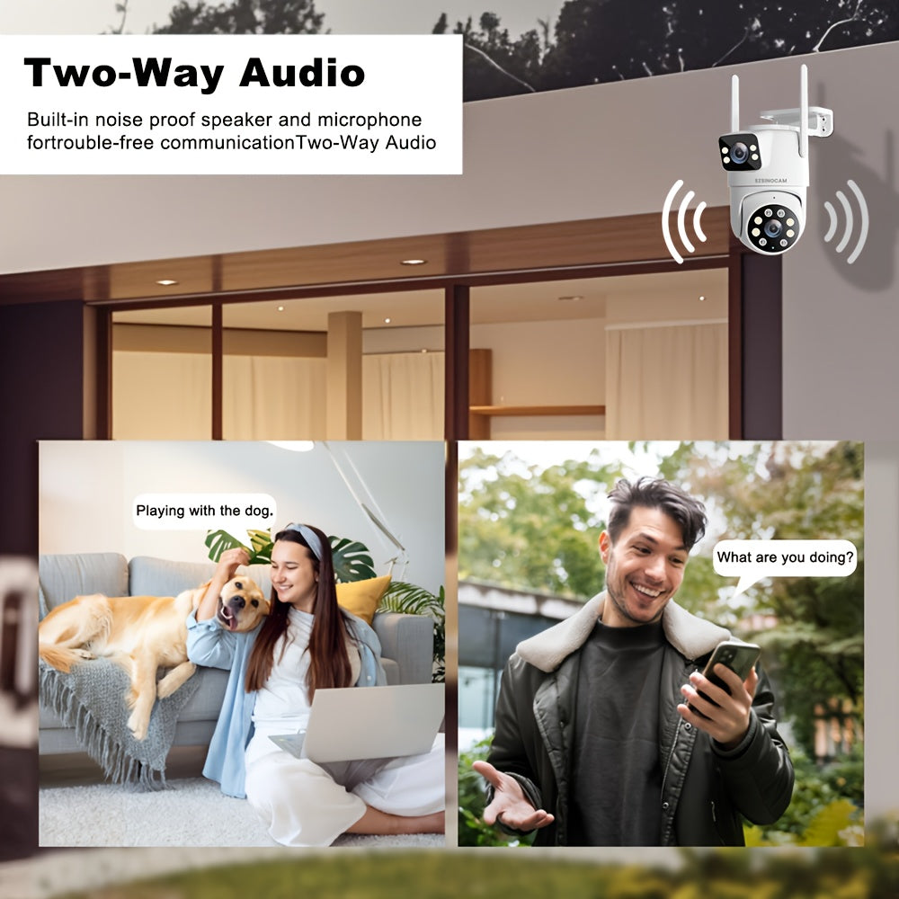 Temu SZSINOCAM 720P HD wireless outdoor security camera with dual lenses, night vision, IP66 weatherproof, app control.