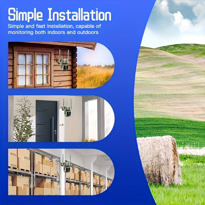 Temu 2.4G WIFI solar security camera in camo with 360° tilt, outdoor monitoring, and two-way talk feature.