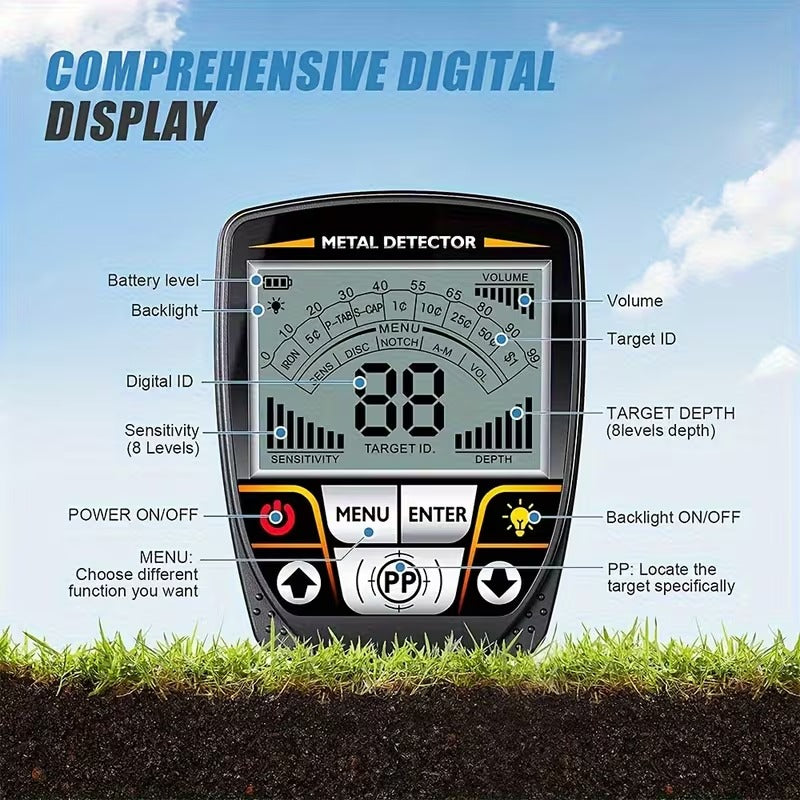 Temu Underground Foldable Digital ID Target and Depth Display Gold Metal Detector TX640 showing control panel and metallic search coil