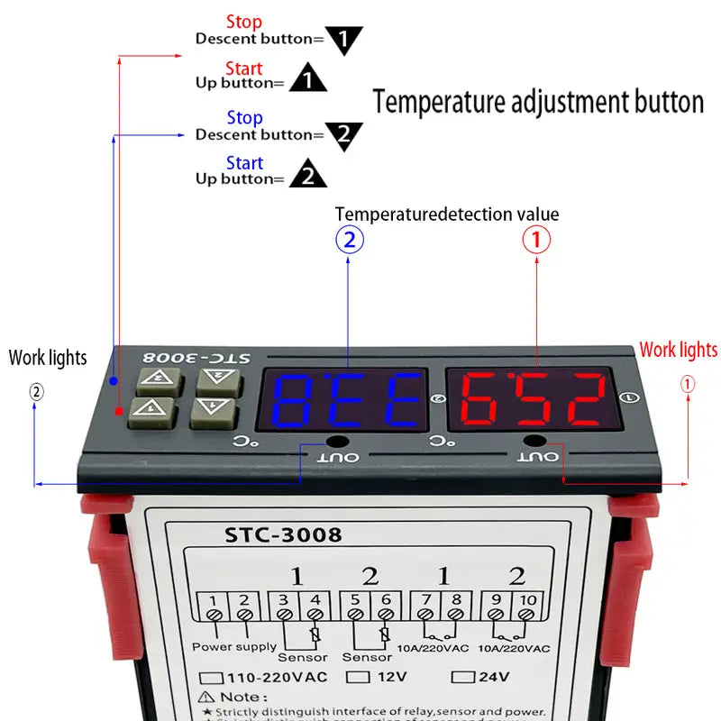 Temperature Controller Dual Digital STC-3008 with Dual Relay Output Thermostat