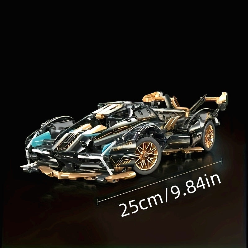 Temu 1332pcs limited edition super sports car model kit featuring a sleek black and gold design with detailed craftsmanship.