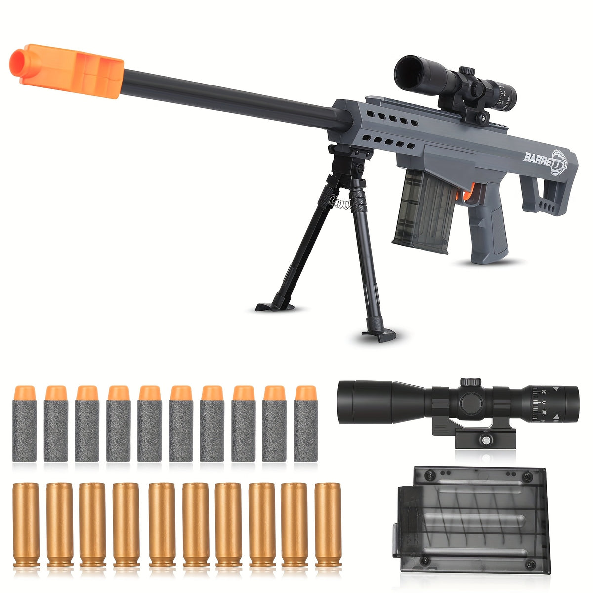 Large Temu BARRETT toy gun with stand, magazine, and soft bullets, realistic airsoft rifle suitable for indoor and outdoor play.