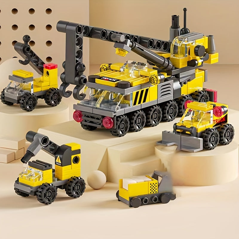 Temu 142-piece engineering crane pullback building blocks set with detailed construction and movable parts.