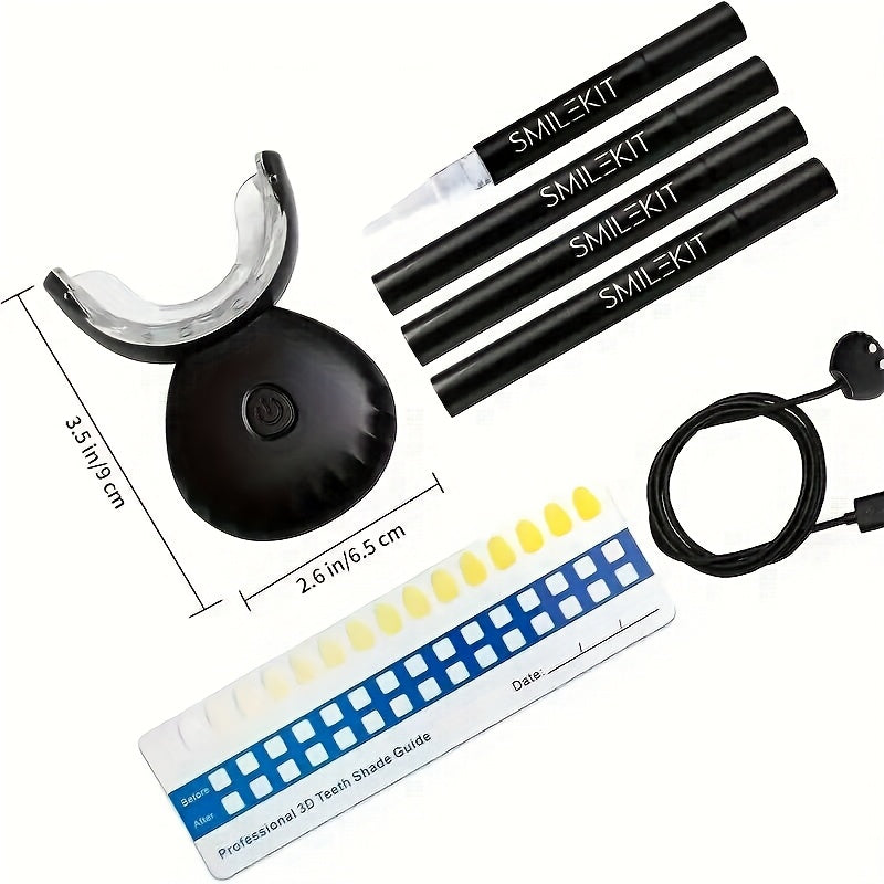 Temu SMILEKIT wireless dental cleaning set with LED blue light, featuring four tooth gel pens and a compact design.