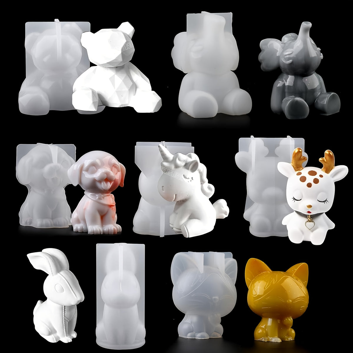 7-piece 3D animal resin and gypsum mold set for crafts, featuring detailed animal shapes for epoxy resin and stone powder projects.