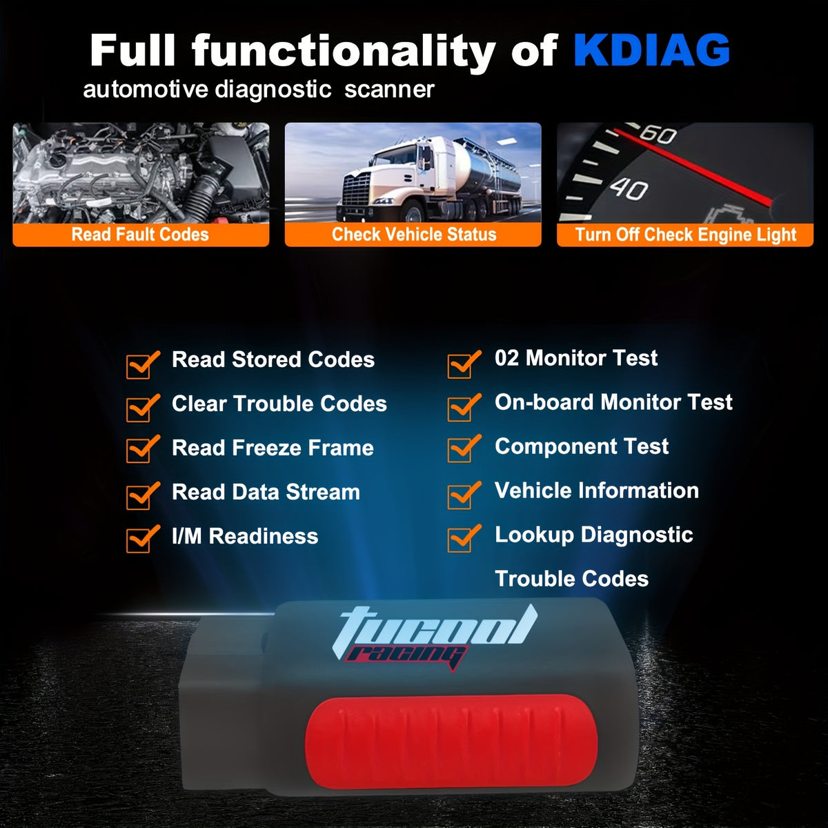 Temu Tucool Racing KDIAG Wireless OBD2 car diagnostic tool connected to vehicle, showing full system scan interface on screen.
