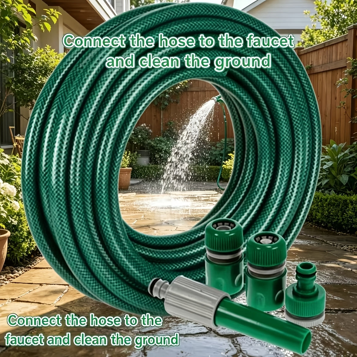 Temu heavy-duty garden hose set with quick connector, flexible rubber hose and metal fittings for outdoor watering.