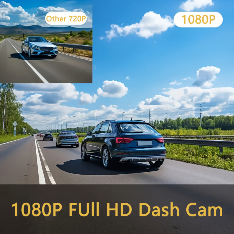 Temu dash camera with front and rear lenses, mounted on a windshield using a suction cup, capturing driving footage.