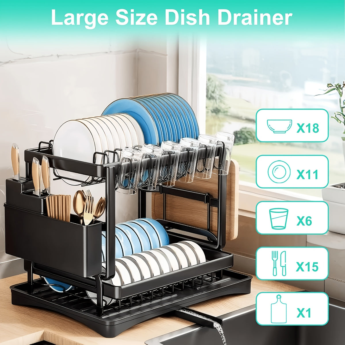 Temu 2-Tier Dish Drying Rack on kitchen counter with space for plates, cups, and utensils in a modern kitchen setting.