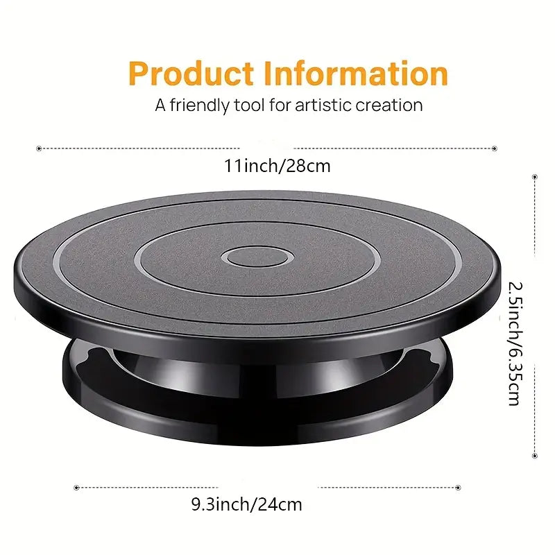 Black spinning cake turntable display stand with engraving wheels, 11-inch diameter, ideal for cake decorating and presentation.