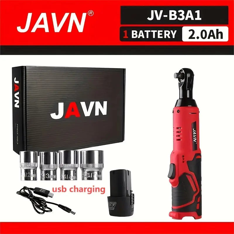 Temu JAVN 12V cordless electric wrench with 45Nm torque and 3/8 inch ratchet head, black and compact design for versatile use.