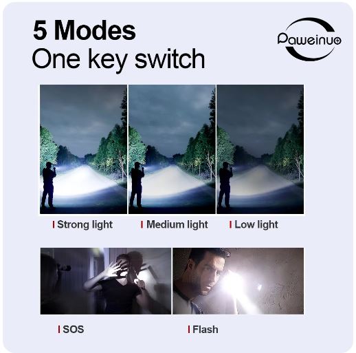 PAWEINUO Rechargeable LED Flashlight with 12000mAh Lithium Battery, High Lumen Output - Little Tokyo SA
