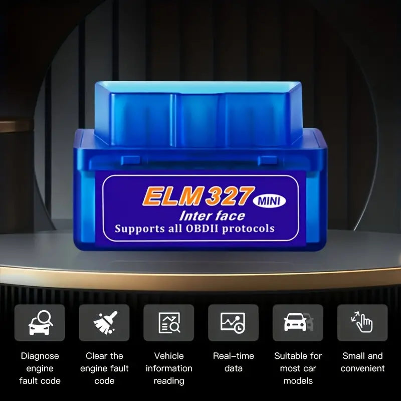 Black wireless ELM 327 OBD2 vehicle diagnostic scanner by Temu, used for car fault codes and engine diagnostics.