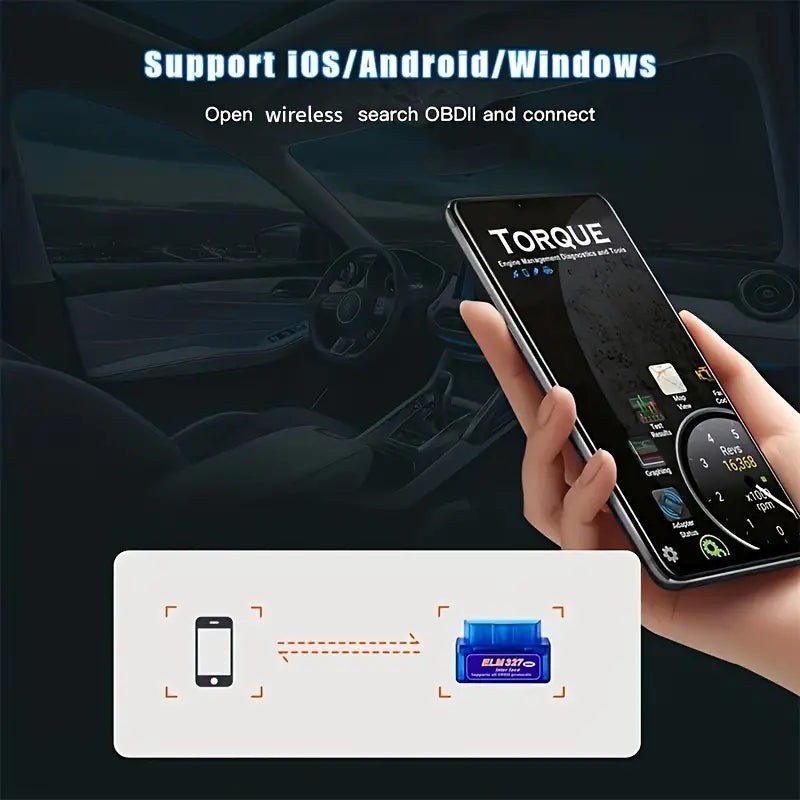 Black wireless ELM 327 OBD2 car diagnostic scanner by Temu for vehicle diagnostics, shown in a clean, compact design.