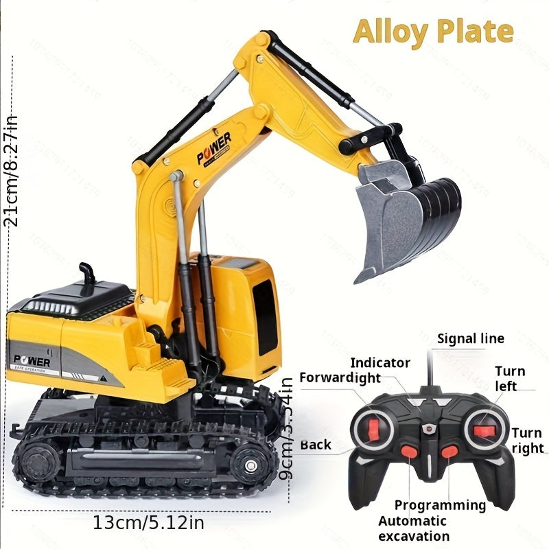 Remote control excavator by Temu with 5 channels, shown digging sand and soil with a detailed, realistic toy construction vehicle.