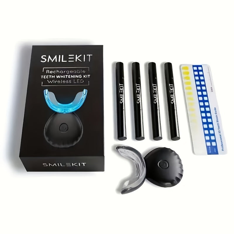 Temu wireless dental cleaning set with LED blue light accelerator and four tooth gel pens, showing the device and gel containers.