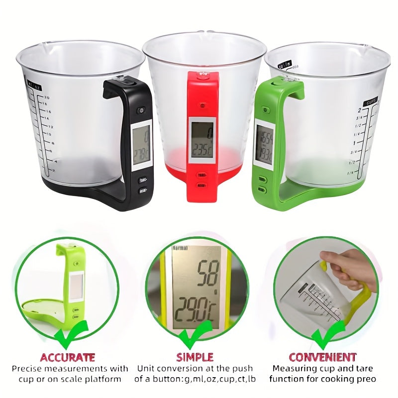 600ml Temu smart measuring cup with built-in thermometer and digital scale for precise liquid measurement.