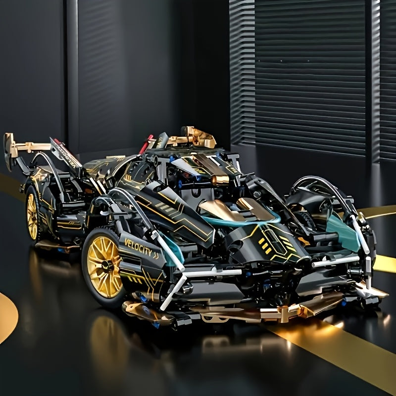 Black and gold super sports car model kit with sleek design, assembled from 1332 pieces, by Temu.