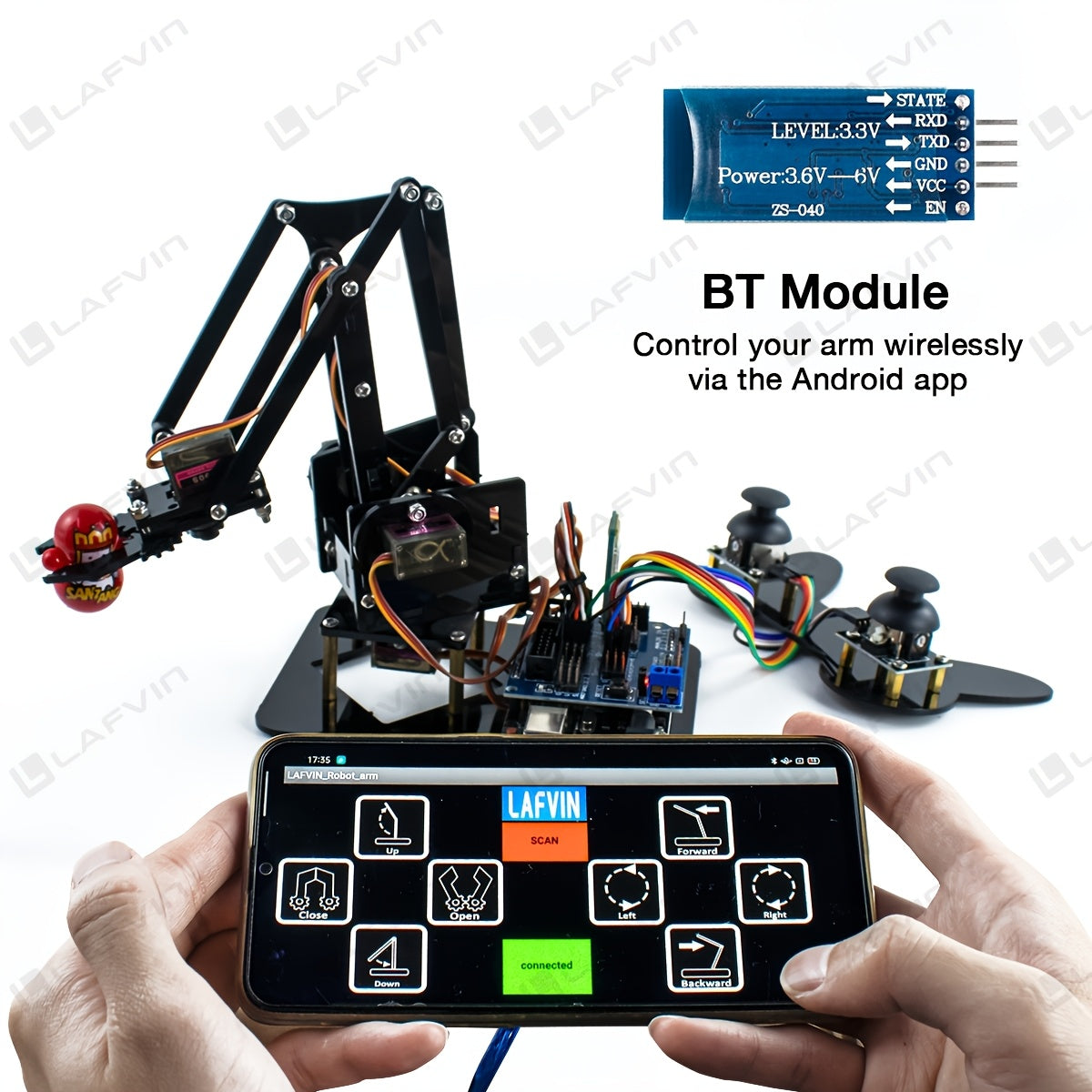 Mechanical robot claw kit by Temu featuring USB power and adjustable mechanical claw for educational robotics projects.