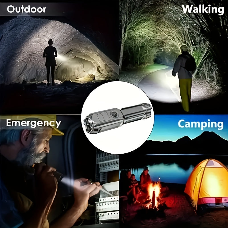 Two rechargeable LED flashlights with zoom and three lighting modes, black handheld design, by Temu.