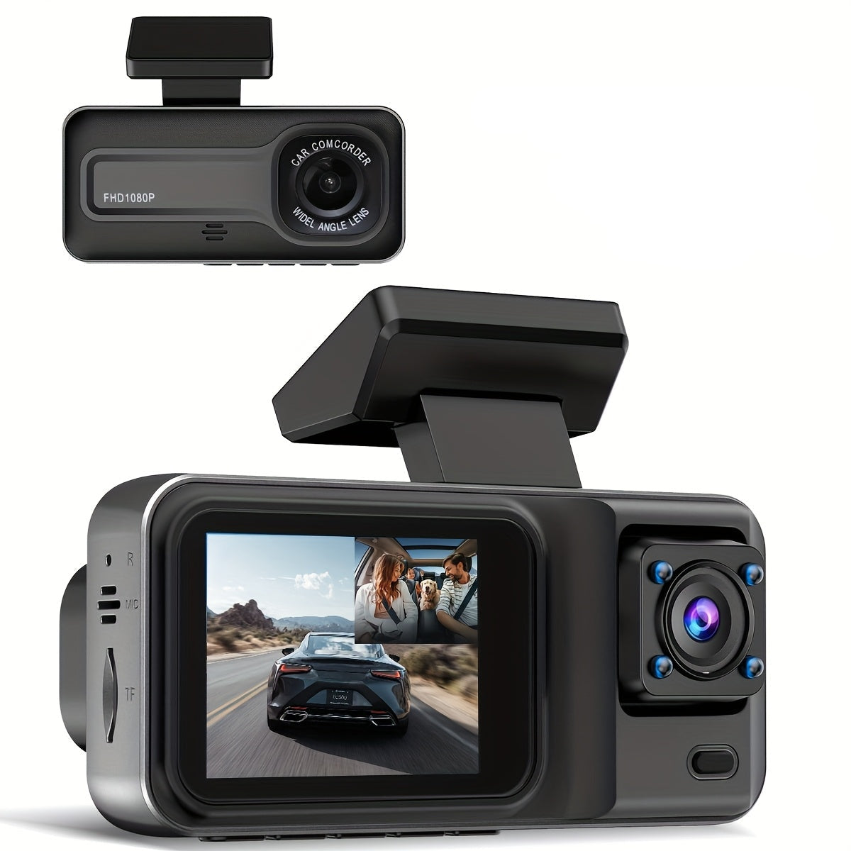 Temu dual lens car dashcam with 1080P and 720P HD night vision, WDR, and motion detection, showing the device mounted inside a vehicle